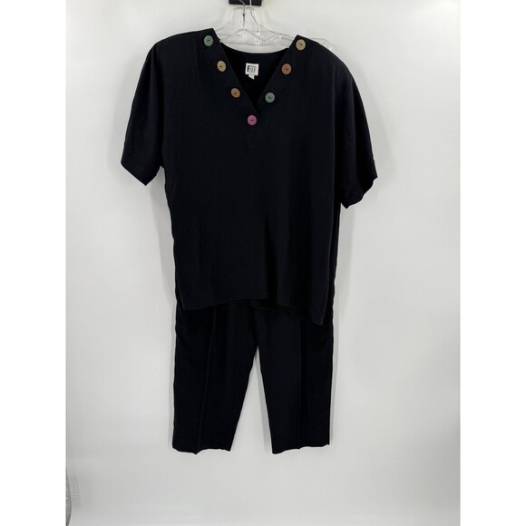 Vintage F Stop Black 2 Piece Outfit V Neck Short Sleeve Top Cropped Pants LARGE - Picture 4 of 14